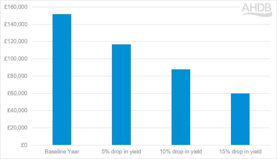 Graph showing impact of reduced yields on arable virtual farm.